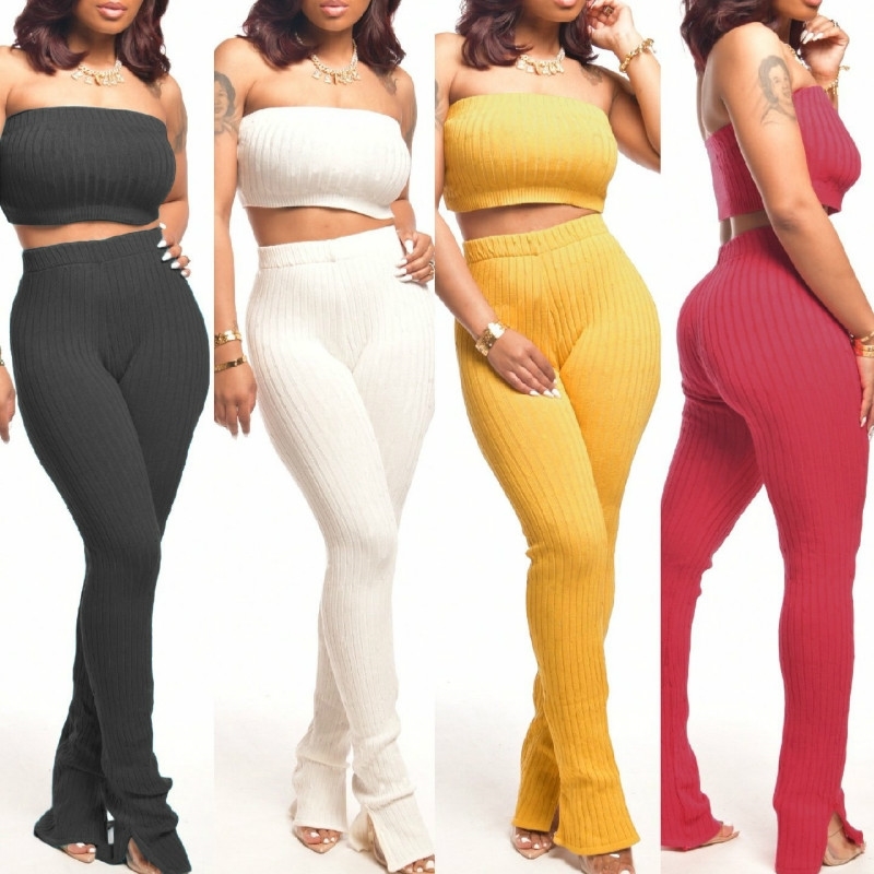 

Off Shoulder Tube Top Crop and Skinny Pants Set Two Pieces Matching Tracksuit Split Stacked Leggings Pant Suits 210603, White