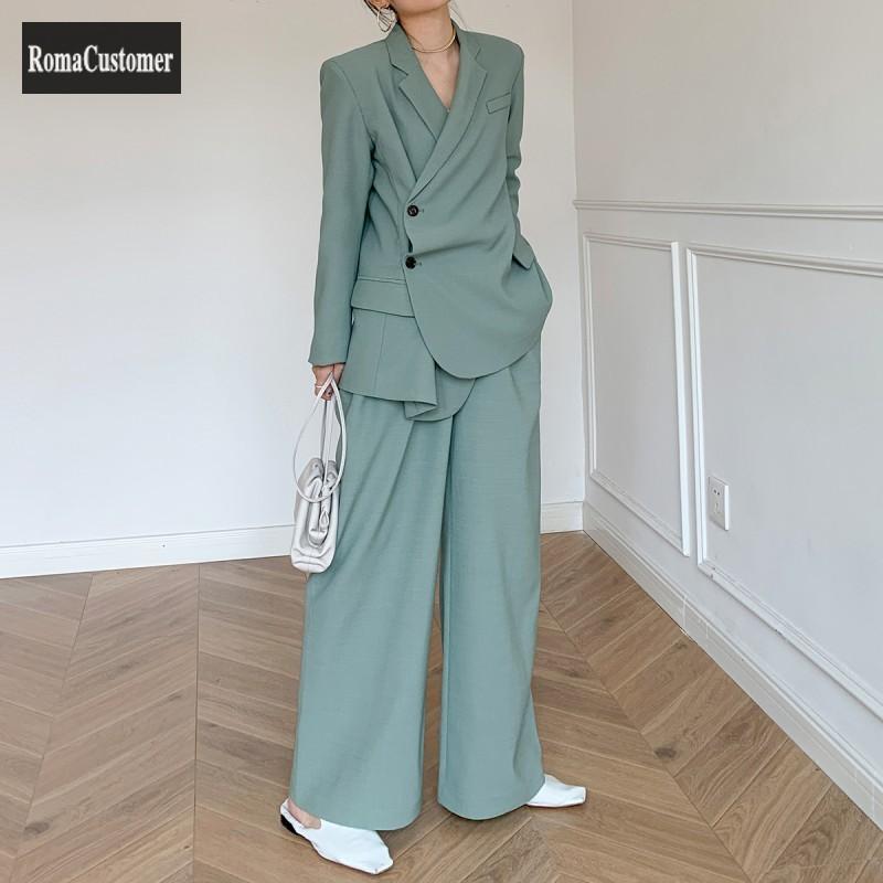 

Women's Two Piece Pants Fashion High Street Suits Sets Womens Spring British Style Green Slim Blouse Casual Solid Straight Two-Piece Suit, White