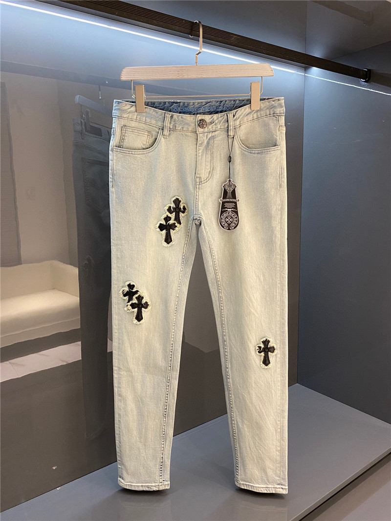 

Summer New Fashion 21 Crosin Cross Letter Embroidery Men's Water Wash Hole Slim Fit Small Foot Casual Jeans, Blue