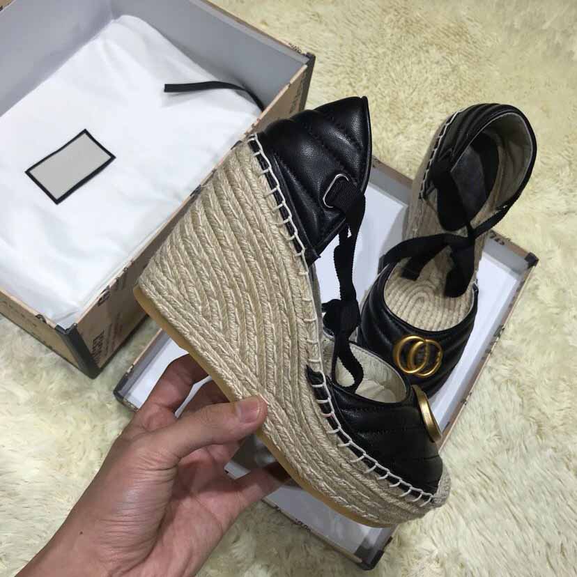 

2020 high-heeled sandals thick bottom light twine braided cross strap fisherman shoes designer wild wedge comfortable canvas shoes, Black