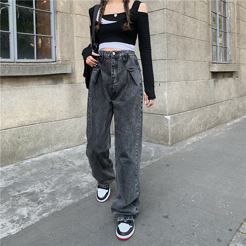 

New Woman Jeans High Waist Clothes Wide Leg Denim Clothing Blue Vintage Quality 2021 Fashion Harajuku Straight Pants Gzlo, Black
