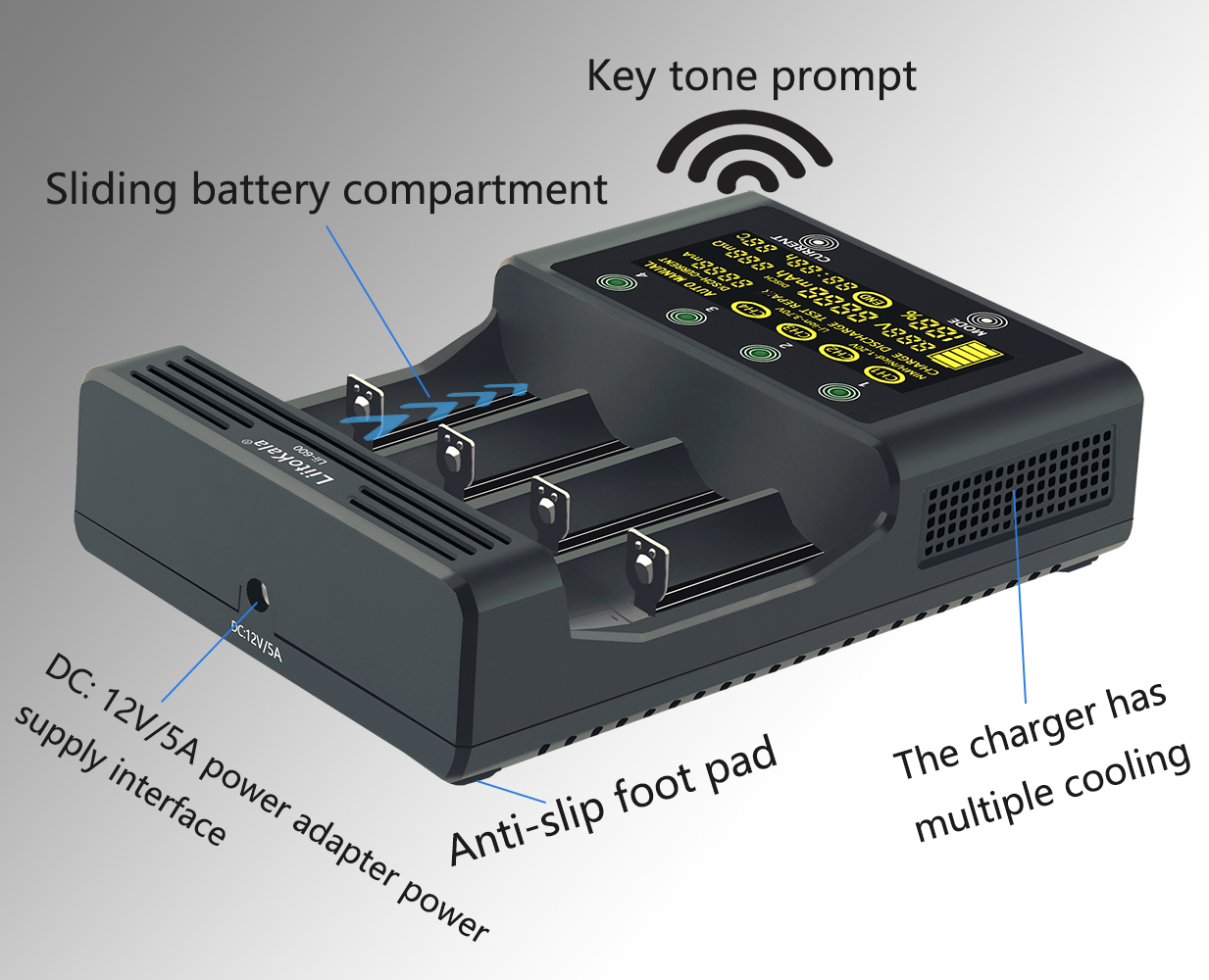 

Multi-point charger LiitoKala lii-600 pack LCD 3.7V/1.2V AA/AAA 18650/26650/16340/14500/10440/18500 Battery with screen+12V5A adapter