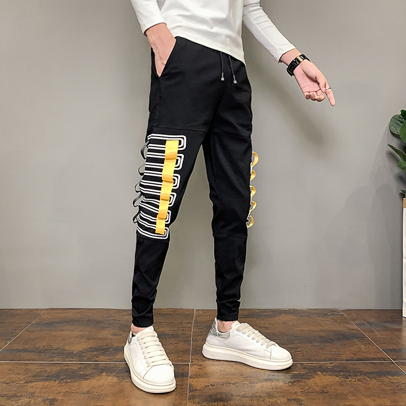 

2021 New Moda Outono Novo Coreano Magro Ajuste Fita Costura De Carga Roupas Masculinas Todos Os Jogos Simples Calas Casuais Corredores Pye8, Black