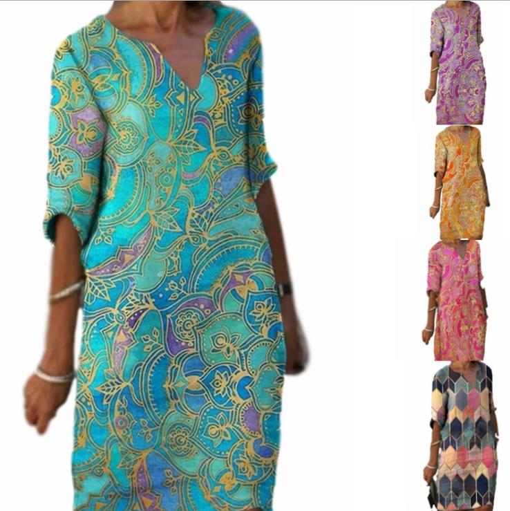 

Women V Neck Printed Dress Casual Loose Half Sleeved Vintage Spring Autumn Summer Elegant Dresses Plus Size, Contrast color