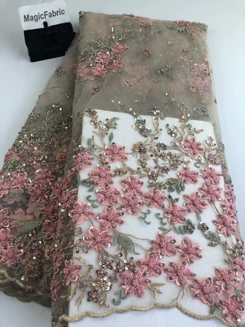 

2021 High Quality African handmade Lace Fabric French Mesh Lace Fabric with heavy beads for Asoebi Party