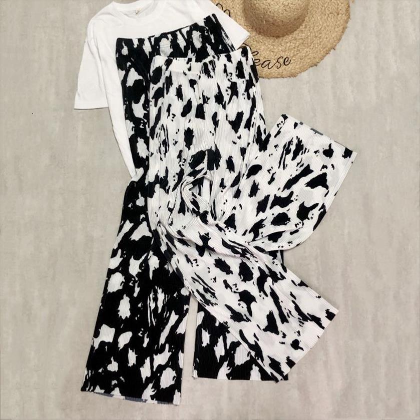 

summer wide leg cows womens pants printed pleated high waist long fit elastic casual streetwear funny patterns, Black;white