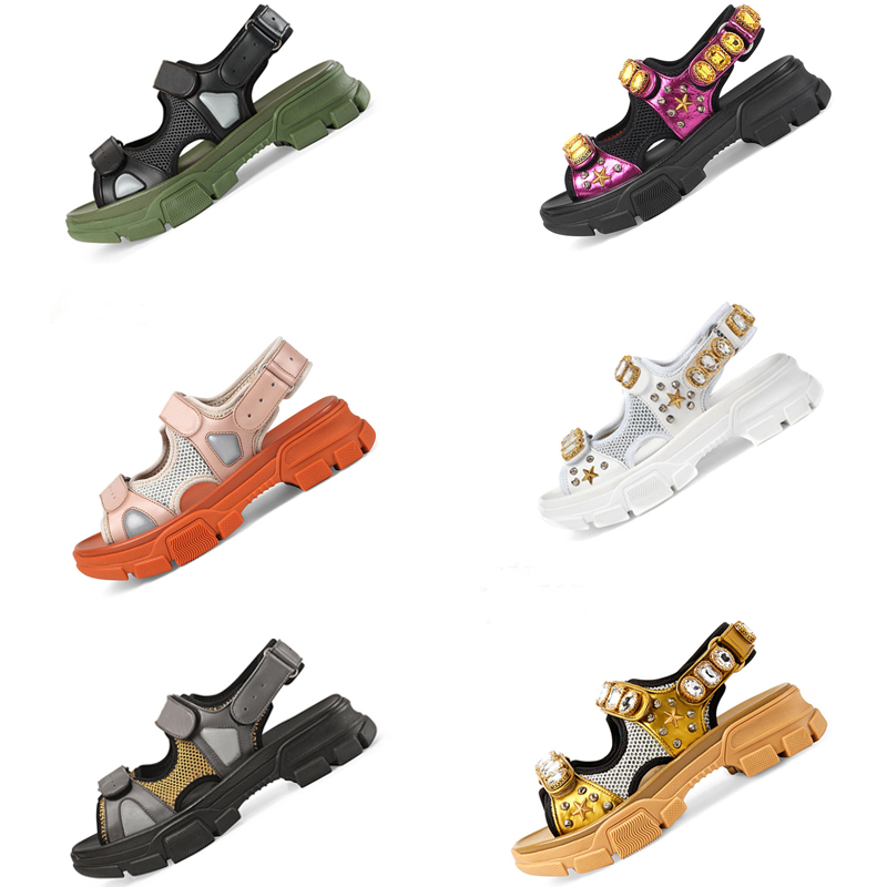 

2019 Designer Riveted Sports Sandals Luxury Diamond Brand Male and Women's Leisure Sandals Fashion Leather Outdoor Beach, Black + 【diamond】