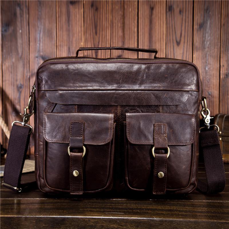 

Mens Briefcase Handbag Shoulder Messenger Bag Crazy Horse Leather Genuine Leather Vintage For Male Men 1130, Yellow brown
