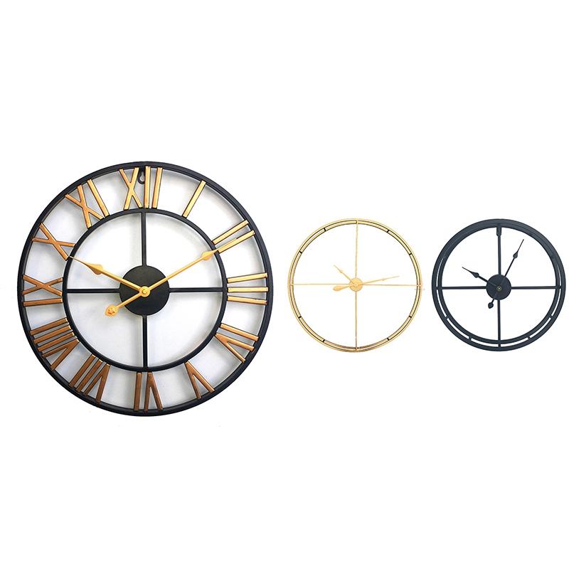 

1Pcs Wall Decoration Wrought Iron Alarm Clock Retro Wall Clock 3D Round Roman Hollow Iron Bar Quiet Decorative