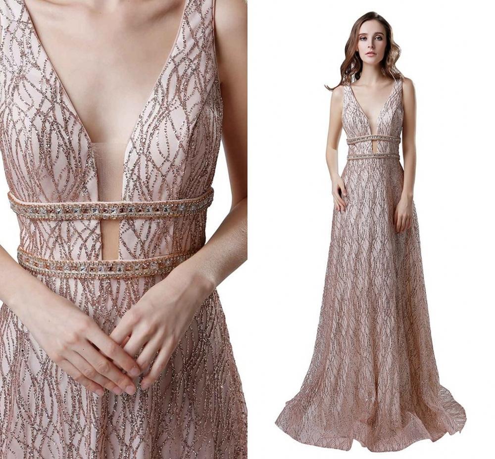 

2021 New Gorgeous Rose Gold Sequined Prom Es Sparkle Sequin A-line Evening Gowns Sexy Backless Abiye Party Robe De Soiree Bn79