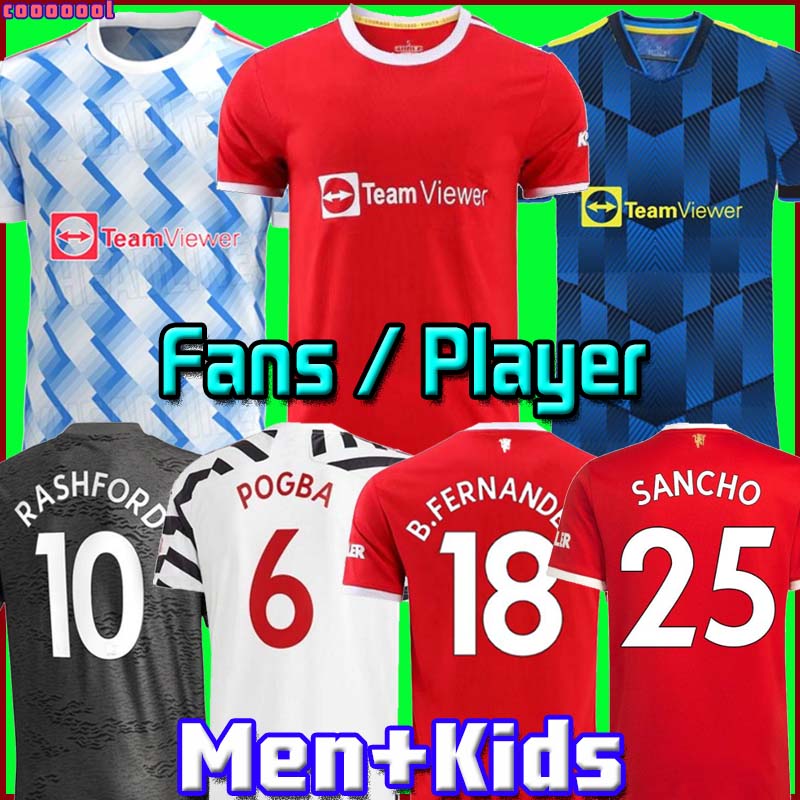 

Thailand 21 22 SANCHO Manchester soccer jerseys UNITED Fans Player version BRUNO FERNANDES Lingard UTD RASHFORD football shirt top 2021 2022 men + kids kit sets, 3rd men+patch