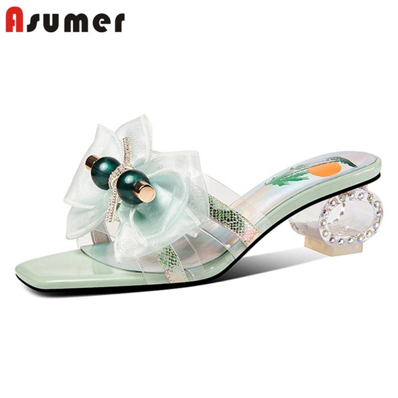 

Asumer 2021 Top Quality Genuine Leather Shoes Women Slipper Bowknot Lace Crystal High Heels Party Wedding Shoes Women Slipper, Green