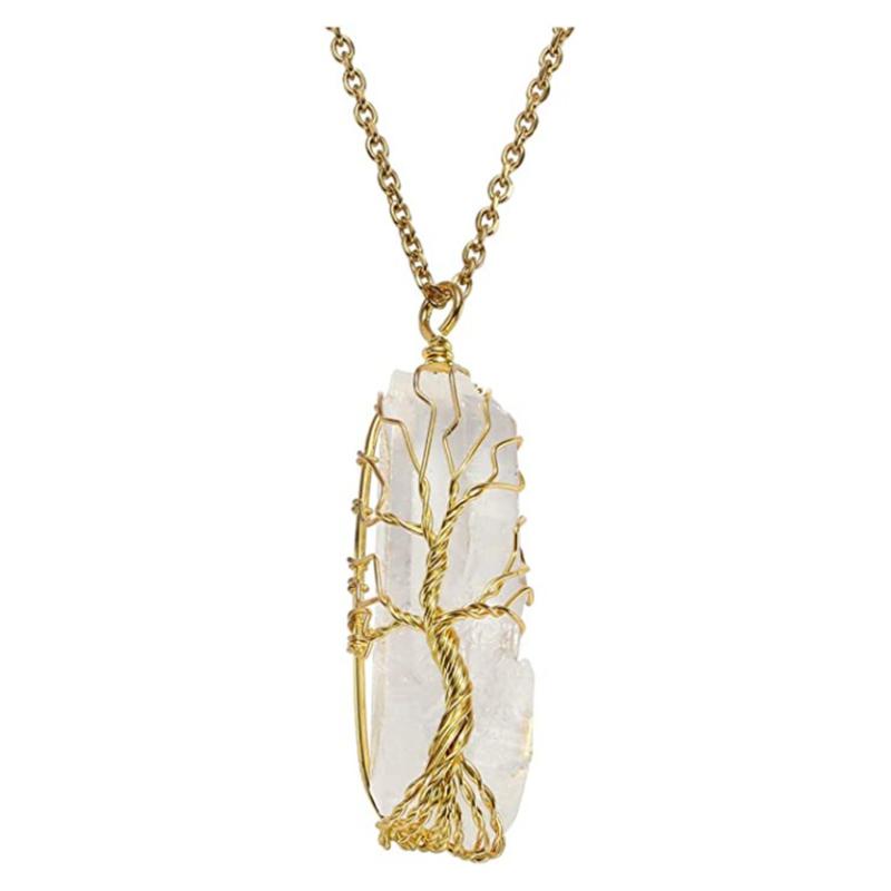Pendant Necklaces FYSL Light Yellow Gold Color Wire Wrap Irregular Shape Rock Crystal Link Chain Necklace Ethnic Style Jewelry-image-701874982