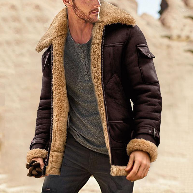 

Men' Jackets Winter Coat Men Faux-Fur Lapel Collar Long Sleeve Padded Leather Jacket Vintage Windproof Warm #40, Black
