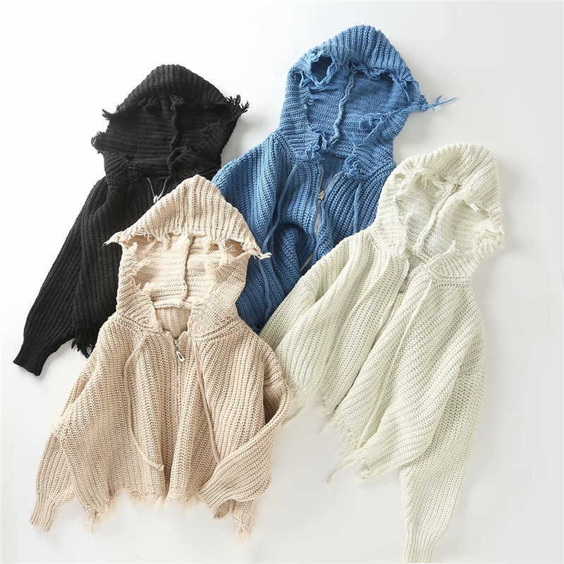 

Casual Tassel Hooded Knitted Sweater Women Zipper Loose Cropped Cardigans Winter Coat Cool Gilrs Streetwear Jumper 210601, Beige