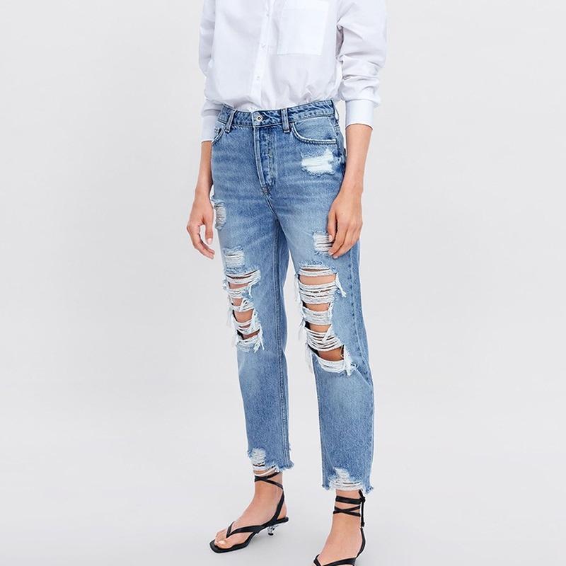 

Women's Jeans Woman 2021 Blue Ripped Frayed Loose Denim Pants High Waist Street Style Distressed