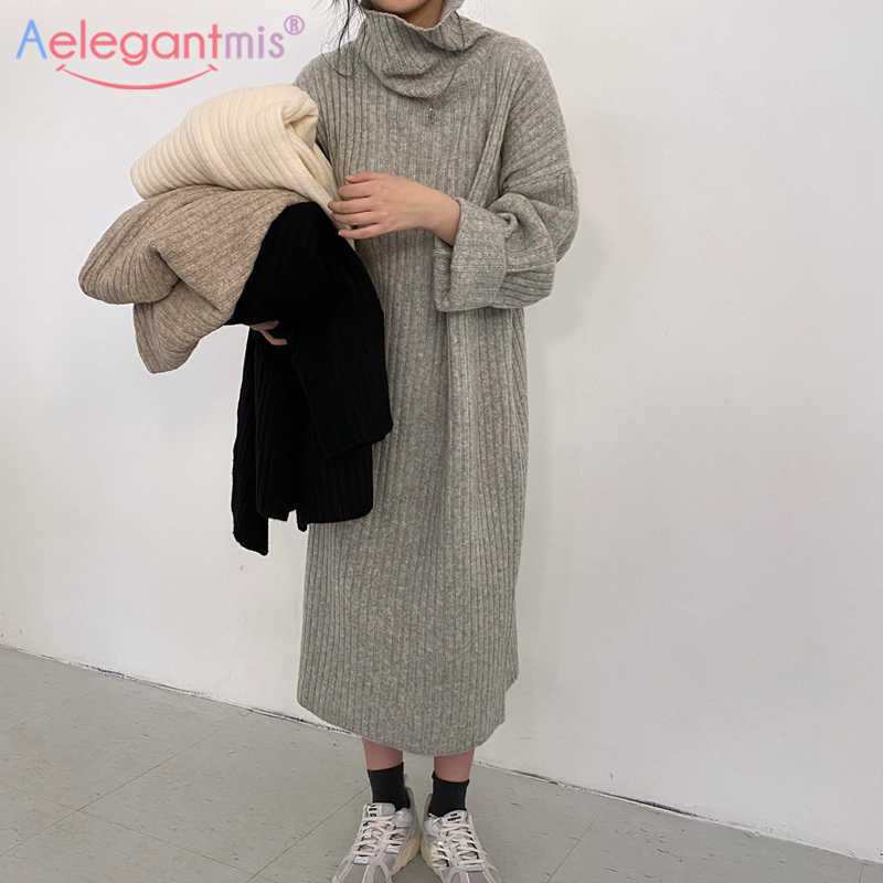 

Aelegantmis Soft Warm Oversized Basic Women White Black Solid Knitted Dress Korean Fashion Female Casual Loose Sweater 210607, Khaki