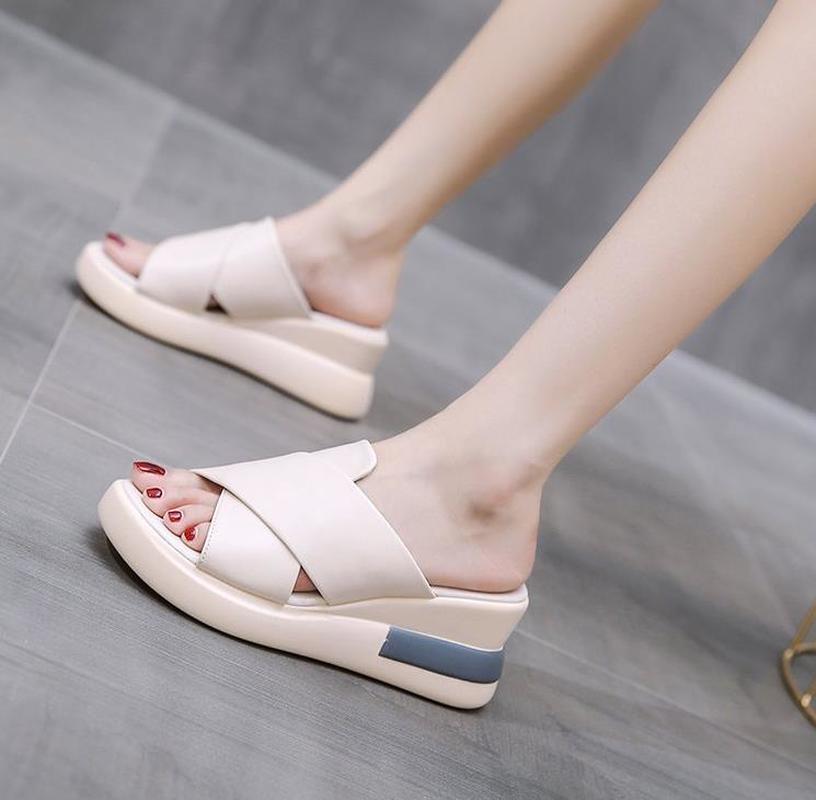 

Slippers 2021 Summer Women's Solid Color High Heels Shoes Platform, Beige