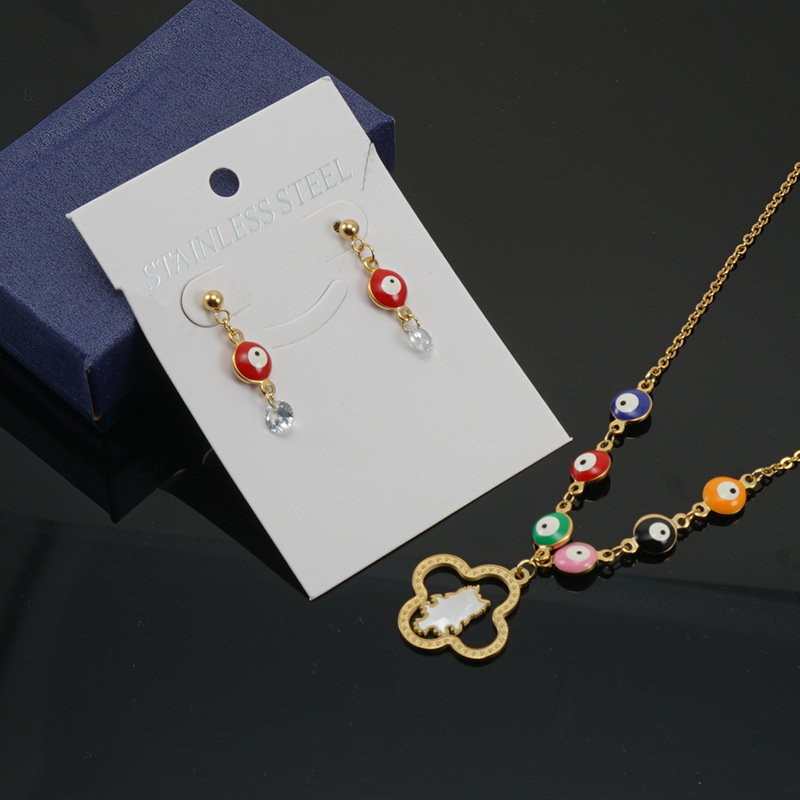 

Bohemian Style 18K Gold Plated Colorful Evil Eye Earring Shell Pendant Necklace Jewelry Set for Women Gift, Multicolors