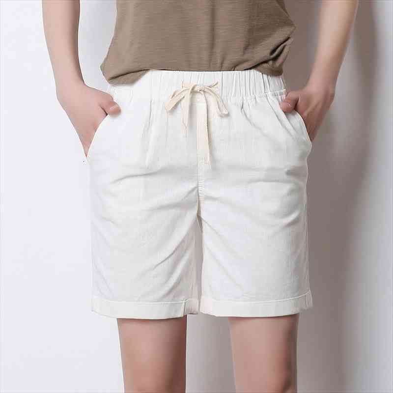 

cotton linen shorts woman casual bermuda shorts plus size loose straight trousers summer elastic waist drawsring, White;black