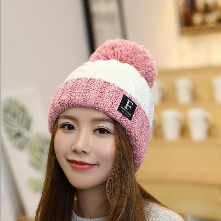 

sale a+ Autumn and winter woolen outdoor plus velvet thick warm hats caps GSZM001a Fashion Letter ladies ear protection hair ball knit cap Knitted hat, Mix colors