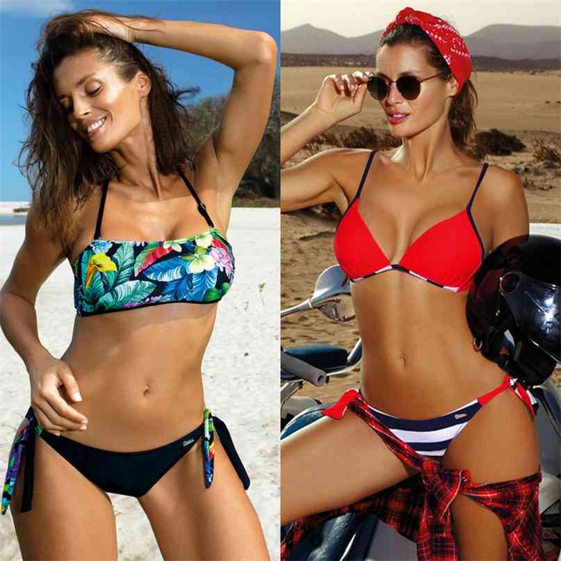 

Sexy Push Up Bikini Micro Swimwear Women Print Swimsuit Female Striped Low Waist Bandage Set Two-Piece Suits  210615