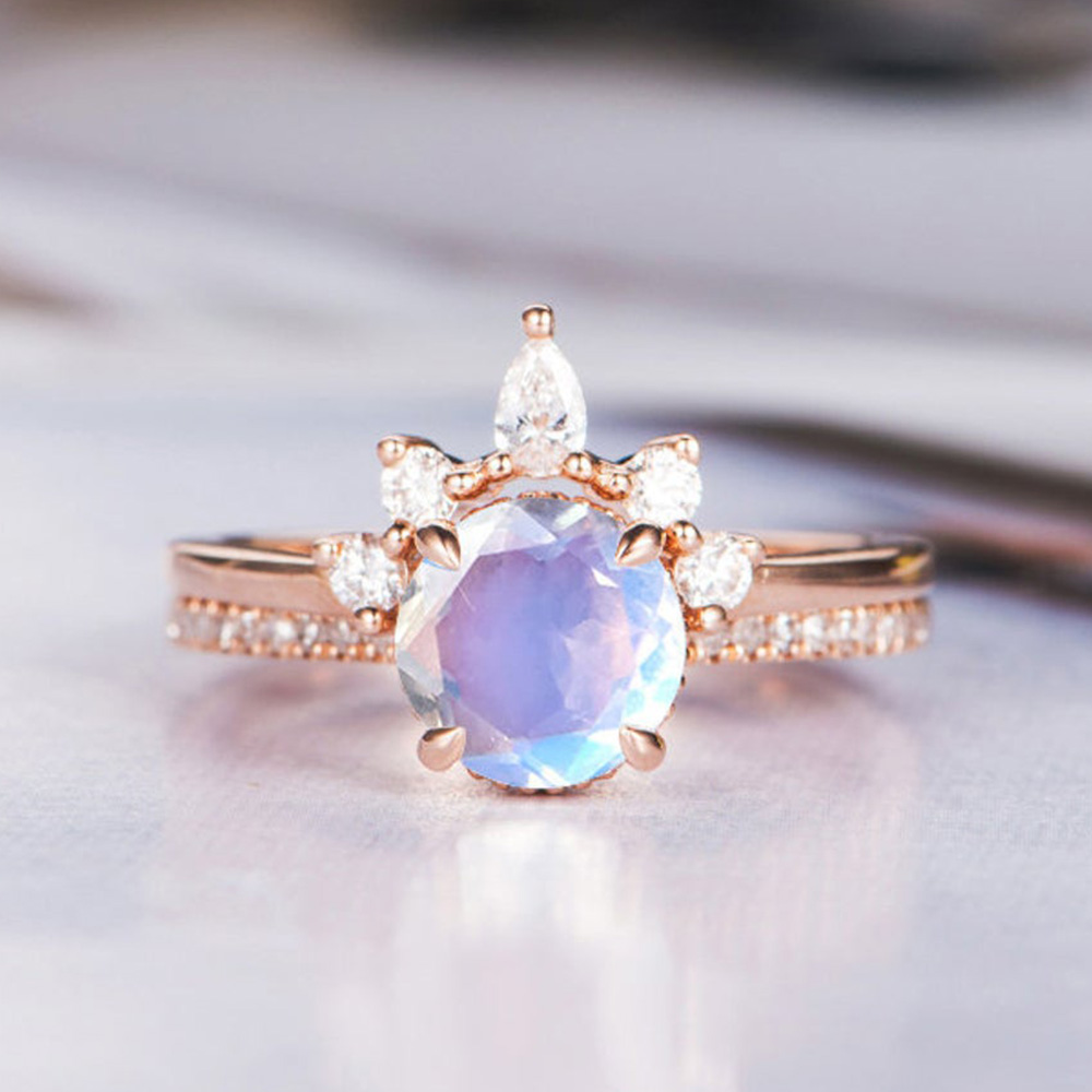 

Moonstone Engagement Ring Rose Gold 925 Silver Eternity Bridal Set Antique Curved Half Halo CZ Stone Band Wedding Jewelry