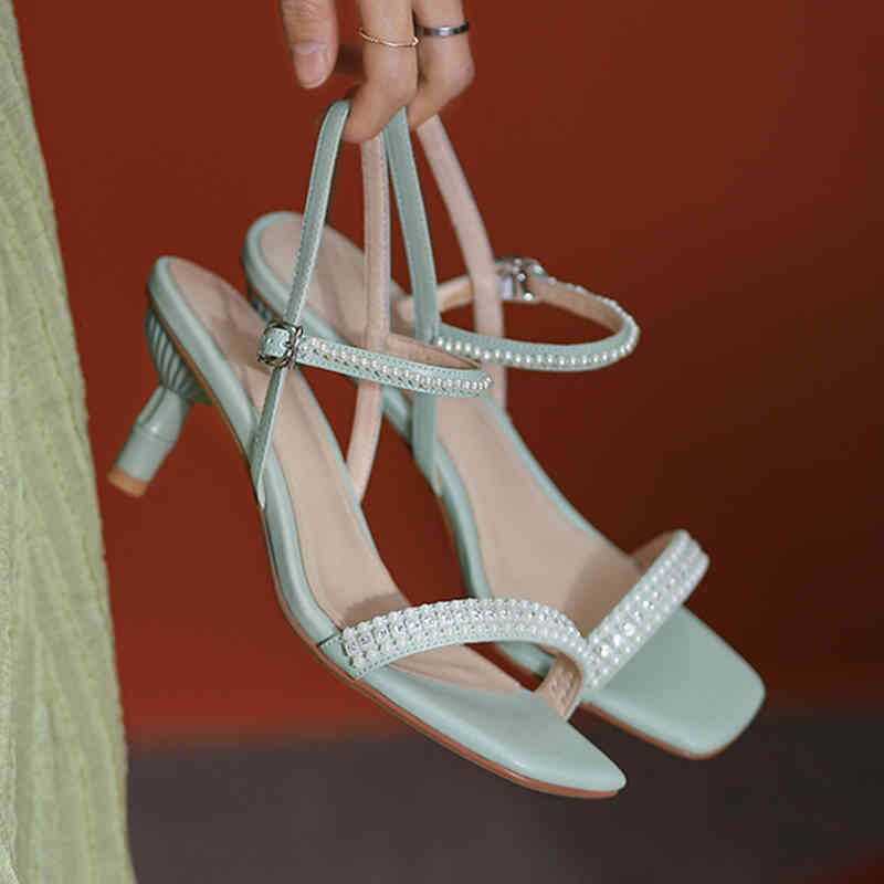 

sandals ladies strass decoration square head high heels sandals ankle straps genuine female leather shoes will see wedding party jdru, Black