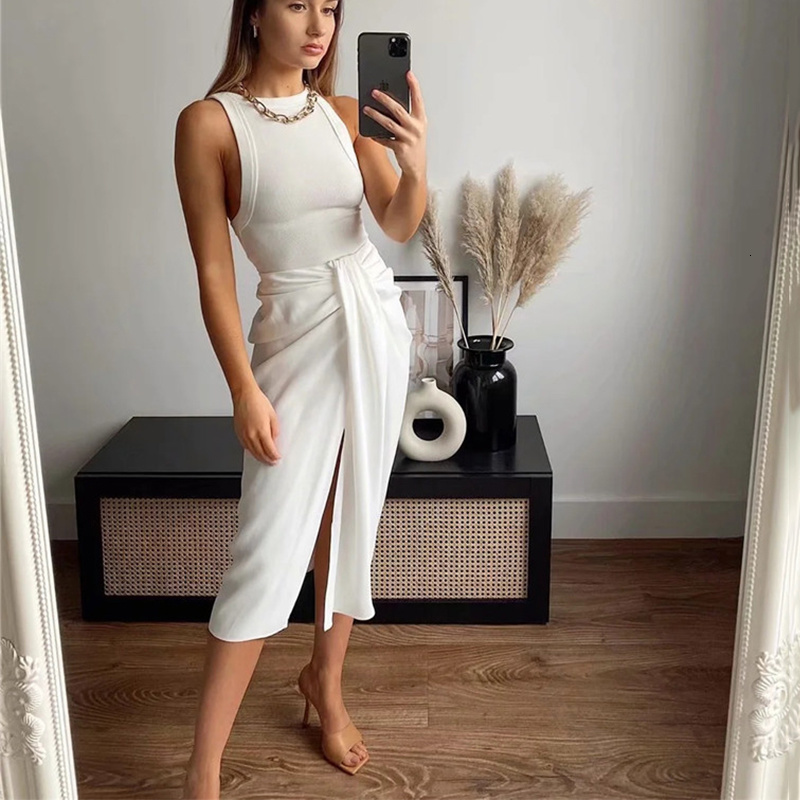 

2021 New High Waist Twist Split Chic Design French Court Vintage Elegant Sexy Women Pleated Solid Skirt Midi-length Office Lady Slim Dr3v, White