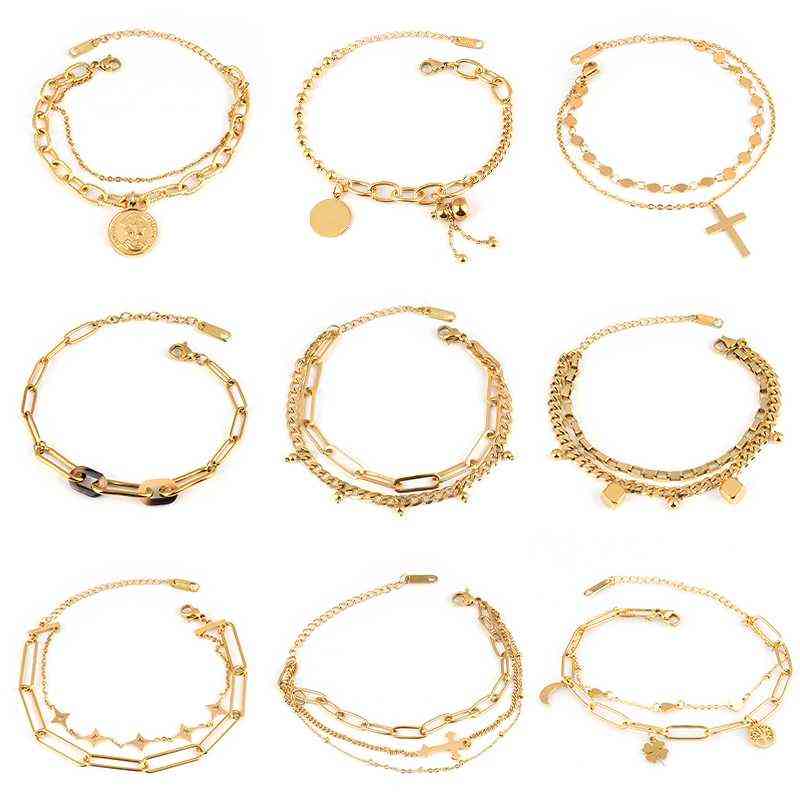

Stainless Steel Bracelet for Women Chain Charm s Double Layer Coin Pendant Jewelry