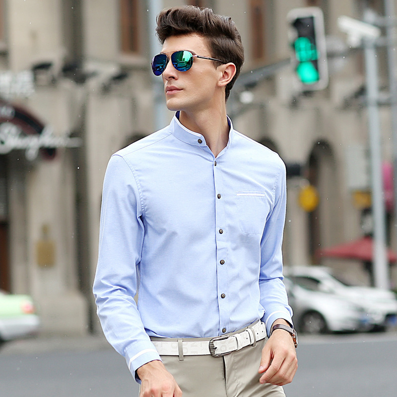 Chemise Homme Fashion Col Mandarin Manches Longues Slim Grandad Shirts Pullover