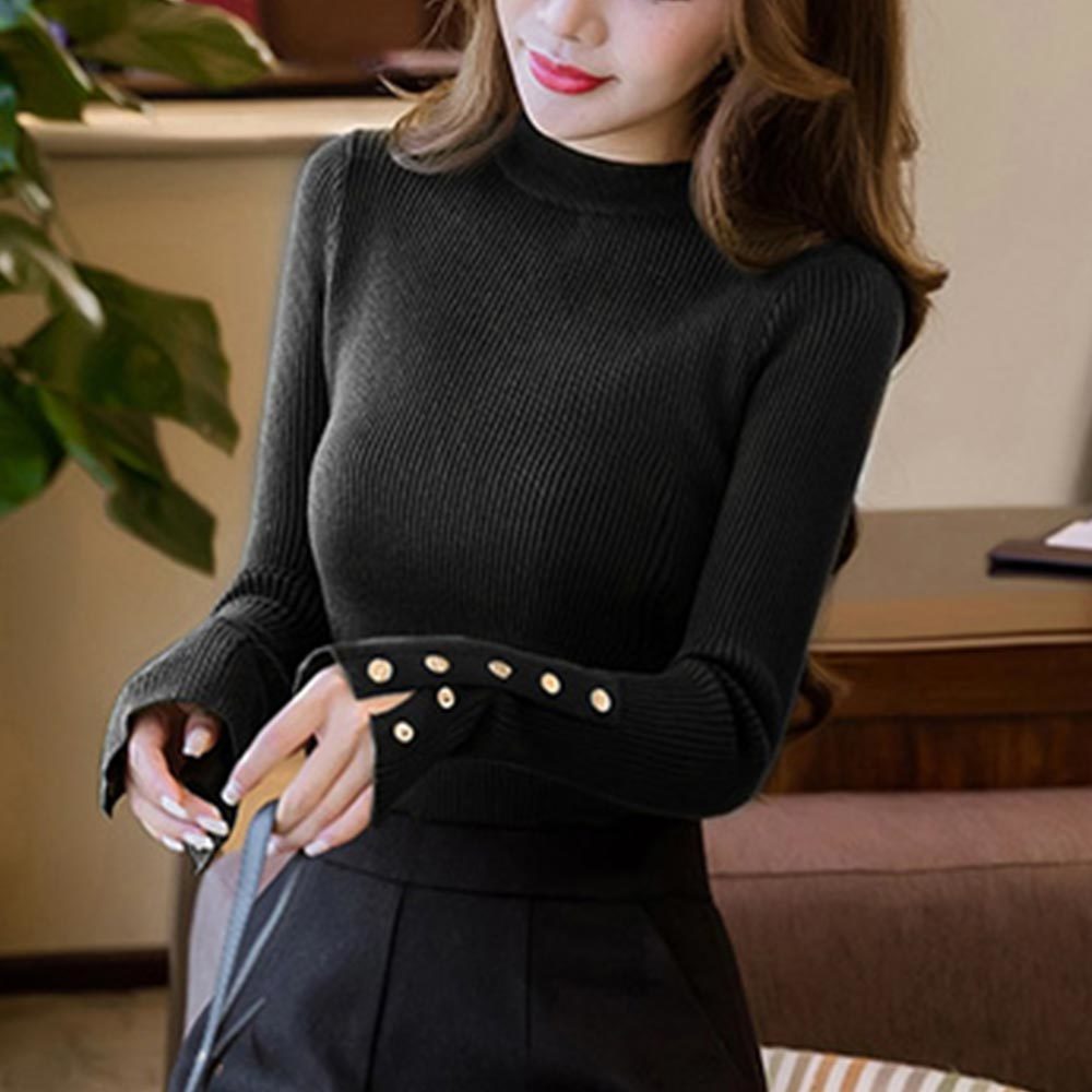 

2021 New Women Button Long Sleeve o Neck Slim Basic Female Korean Style Warm Knitted Sweater Retro Pullover Casual Jumper 3jy9, Green