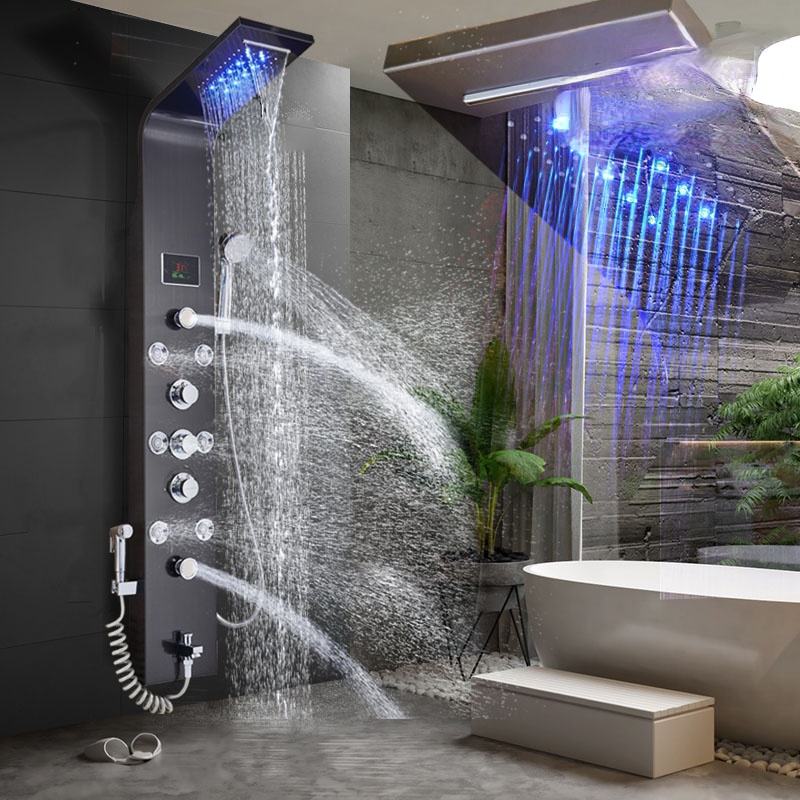 

LED Light Shower Faucet Bathroom Waterfall Rain Black Shower Panel In Wall Shower System with Spa Massage Sprayer and Bidet Tap