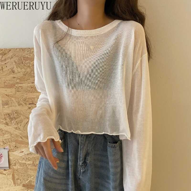 

WERUERUYU Summer Women O Neck Hollow Knitted Pullover Female Casual Summer Ice Silk Knitwear Long Sleeve Femme 210608, Photo color