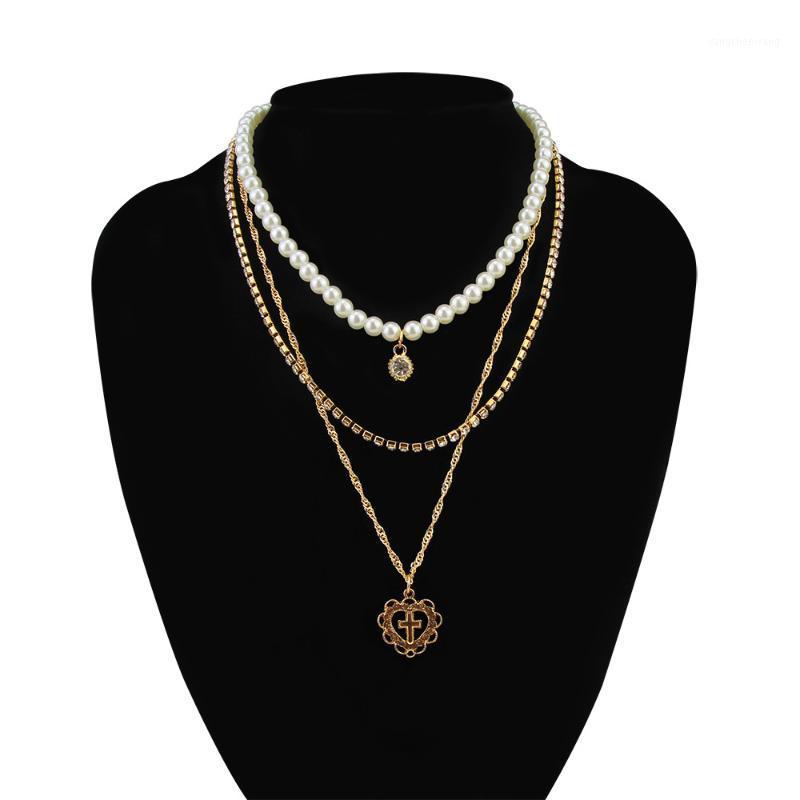 

Fashion Pearl Layered Necklace&Pendants For Women Jewelry Jesus Cross Necklaces Handmade Heart Chain Necklace SNE190077 Chains