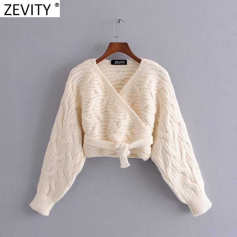 

Zevity Women Vintage Cross V Neck Twist Crochet Short Knitting Sweater Femme Chic Hem Bow Tied Casual Cardigans Tops S685 210603, As pic s685hh
