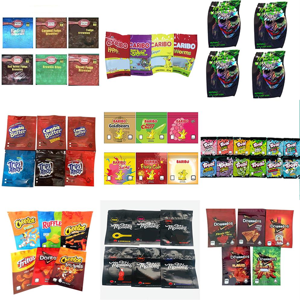 

BROWNIE BITES Mylar Bag CARIBO EDIBLES SOUR JOKER TROLLIS TRILLIS Baribo Flavor TRIPS AHOY DOWEEDOS Black Medibles CHEETOS Dry Herb Flower Packaginga33