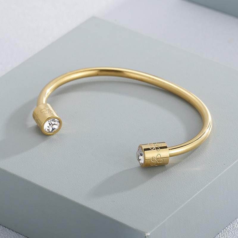 

Bangle Women's Fashion Open Cuff Simple Double Cylinders With Rhinestone Bangles Bracelet Titanium Steel Wedding Jewelry