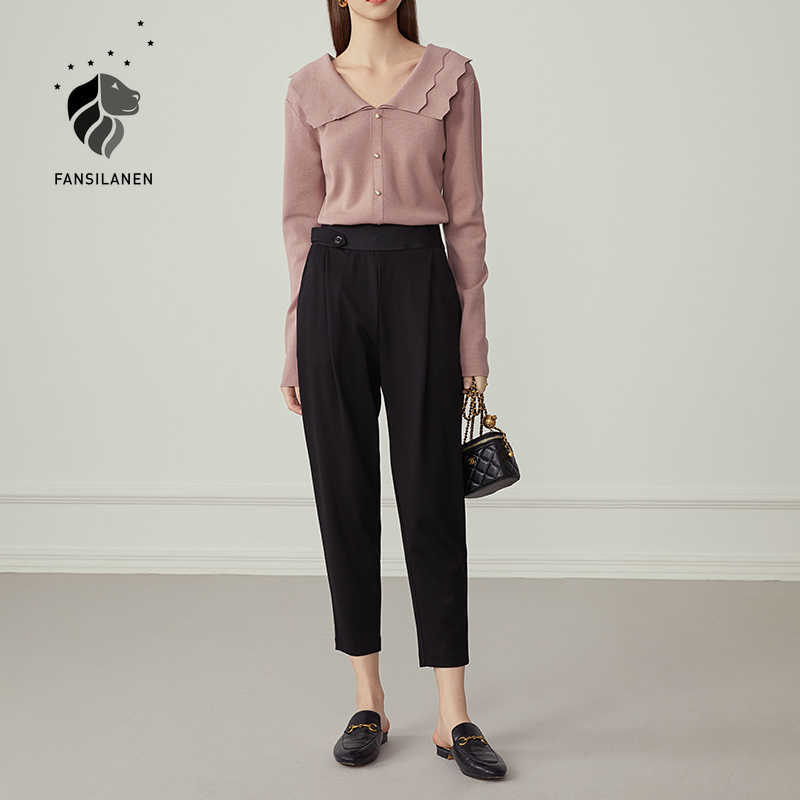

FANSILAEN Office lady casual black harem pant elastic band pleated suit Elegant loose high waist trousers 210607
