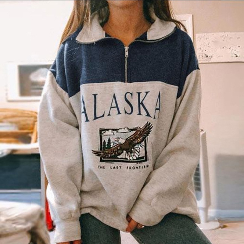 

2021 New Vintage Stylish Stand Collar Half Zipper Letter Print Women Sweatshirt Autumn Long Sleeve Coat England Style Tops Plus Size Ifnq, Blue