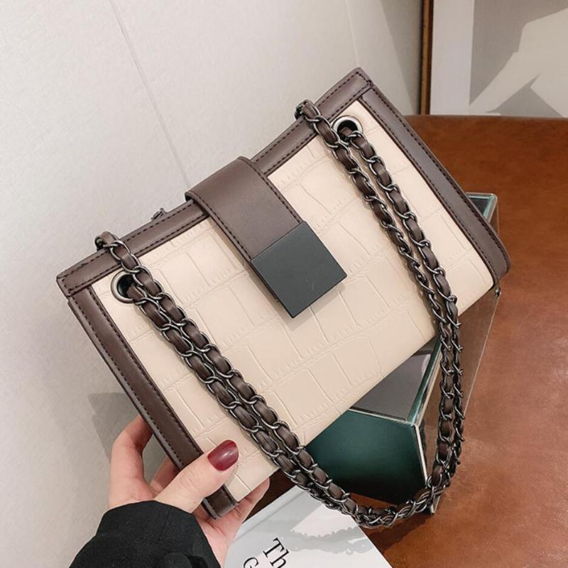 

Stone pattern Square Tote bag 2021 Fashion New High quality PU Leather Women's Designer Handbag Chain Shoulder Messenger Bag, Black