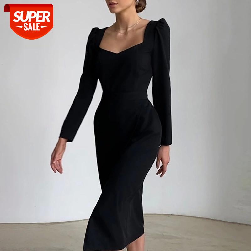 

Slim Side High Split Full Sleeve Dress Party Bodycon Autumn Winter Women Square Neck Elegant Long Dress Outfits 2020 Casual #Mp7K, Black;gray