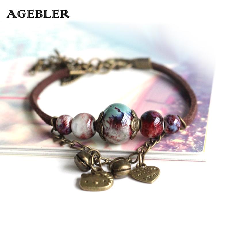 

Charm Bracelets Handmade Women Ceramic &bangles Bead Colorful Cat Pattern Pendant Leather Chain Elegant Jewelry For Girls 2021