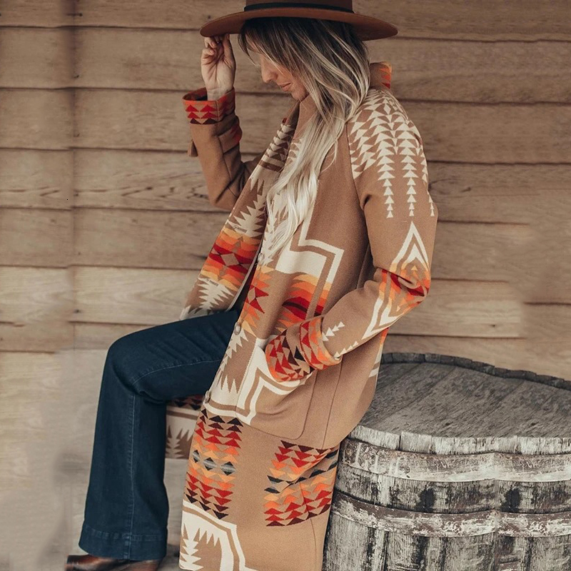 

2021 New Design Brown Vintage Geometric Printed Wool & Blends Coat Long Jacket Women Elegant Wide-waisted Autumn Winter Outerwear Gc19