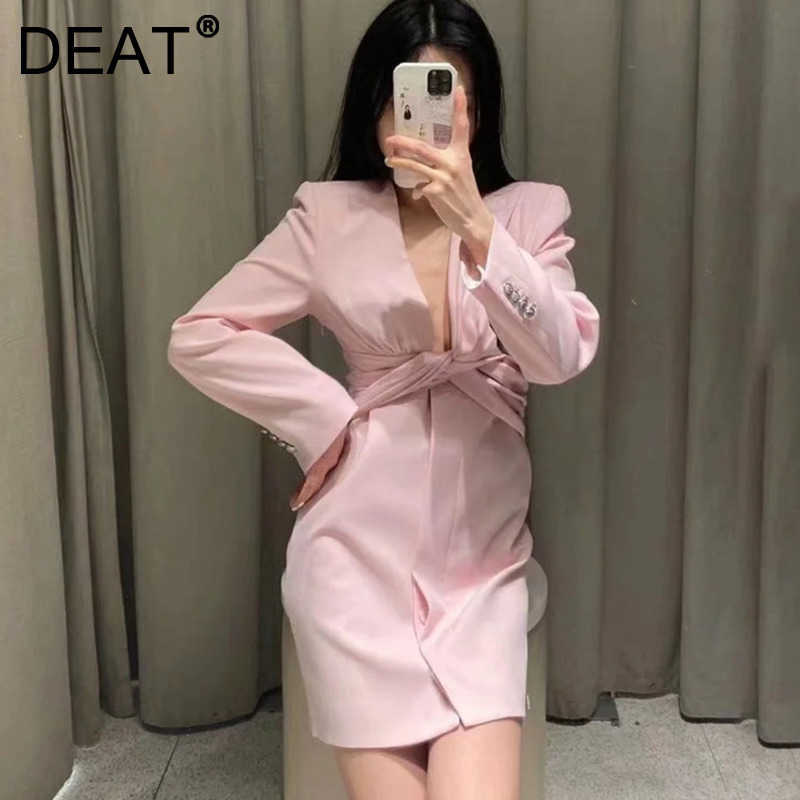 

DEAT Women Dress Pleated V-Neck Long Sleeve Arrivals Lady Temperament Fashion Spring Autumn 11D1691 210709, Pink