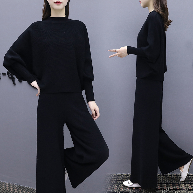 

European Station 2021 New Autumn Bat of Women Knitted and Crocheted Long Legs Women's Suit Size Large Two-piece Spring Z8ub, Black.