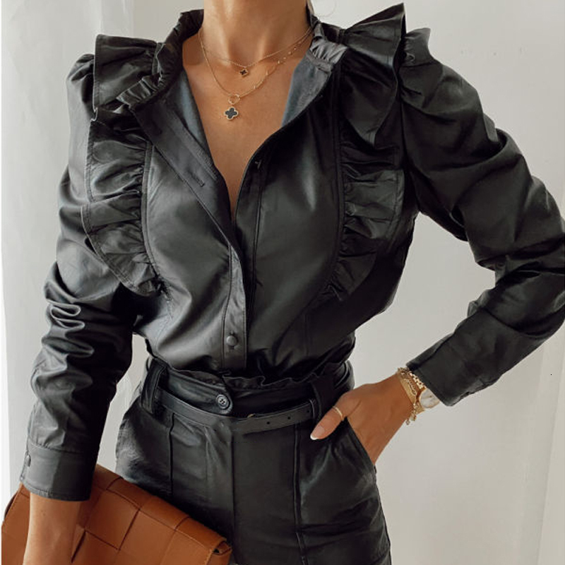

2021 New Women Black Faux Leather Pu Shirt Blouse Autumn Winter Vintage Ruffles Long Sleeve Button Up Office Casual Blouses Tops Wl6v