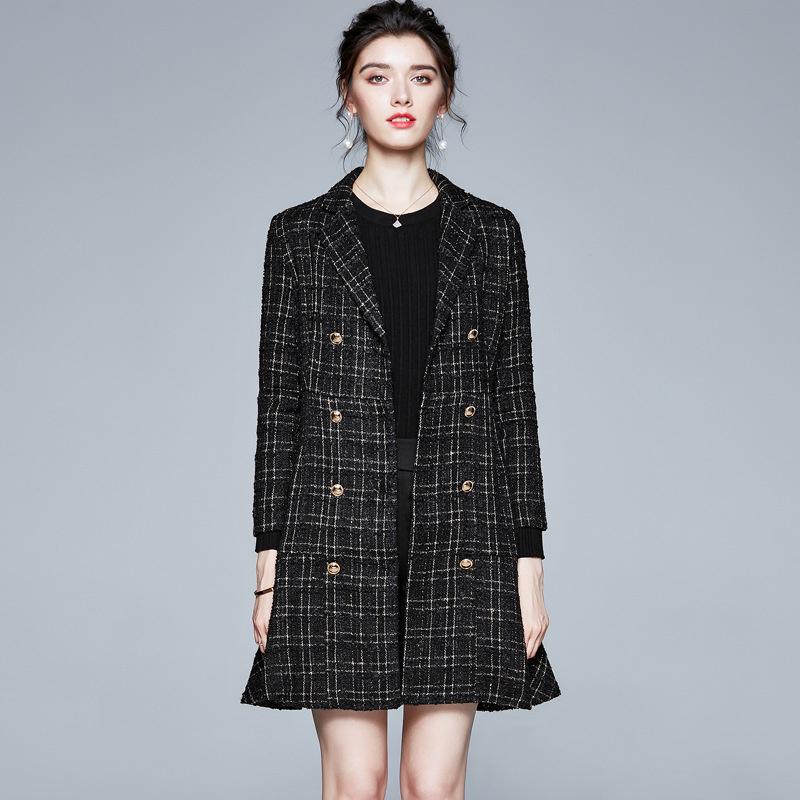 

Women's Wool & Blends 2022 Luxury Designer Brand Women Tweed Plaid Double Breasted Thin Coat Dress Ladies Elegant Houndstooth Trench Jackets, Black