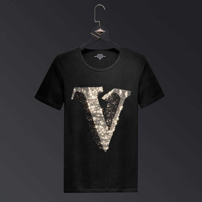 

2021 Letter Rhinestones T Shirts Men Brand Short Sleeve Fashion Man Streetwear O Neck Slim Modal Cotton Tshirts Plus Size 6XL X0712, Black