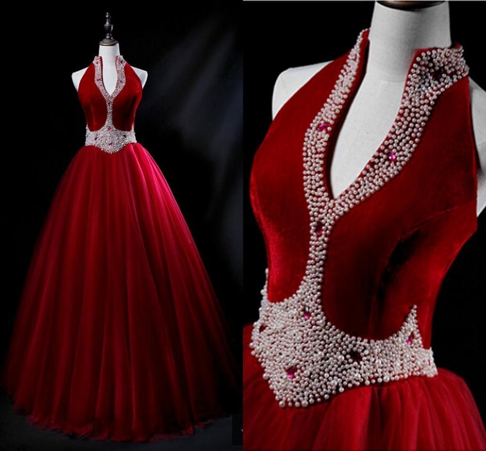 

2021 New Luxury Wine Red V-neck Prom Es Vestido De Noiva Ball Gown Pearls Crystal Corset Open Back Long Evening Party Uilb
